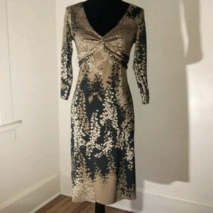 BCBG Tan Black and Cream Floral Dress